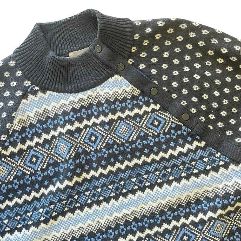T Talbots Fair Isle Sweater Women’s Size XL Thermolite Navy Blue Mock Neck Snap